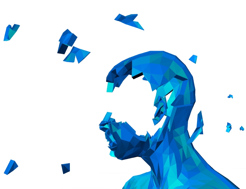 Memory problems concept with damaged shattered 3d geometrical person face.
